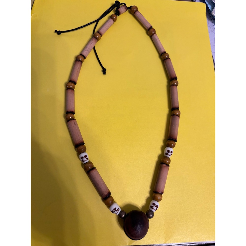 Tribal Bamboo Skull Bead Necklace Brown Wood Seed Pod Pendant Boho Tropical